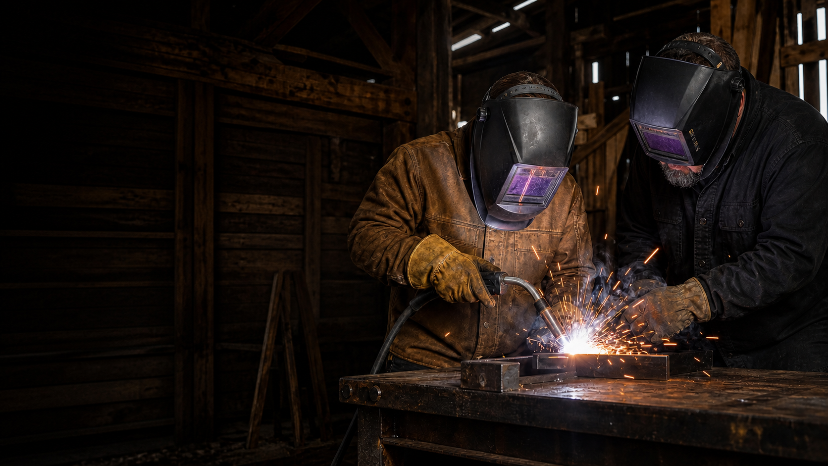 A beginner and instructor safely welding together inside a rustic barn